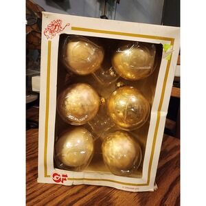 Vintage Set Of 6 Mercury Glass Christmas Ornament Balls, Antique Gold In Box MCM